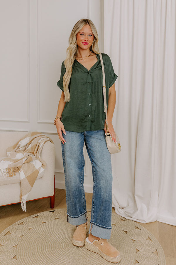Mimosa Please Satin Button Up Top in Deep Forest