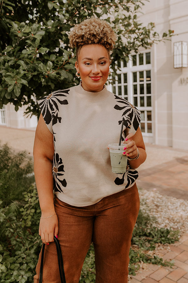 City Bloom Floral Knit Top in Iced Latte Curves
