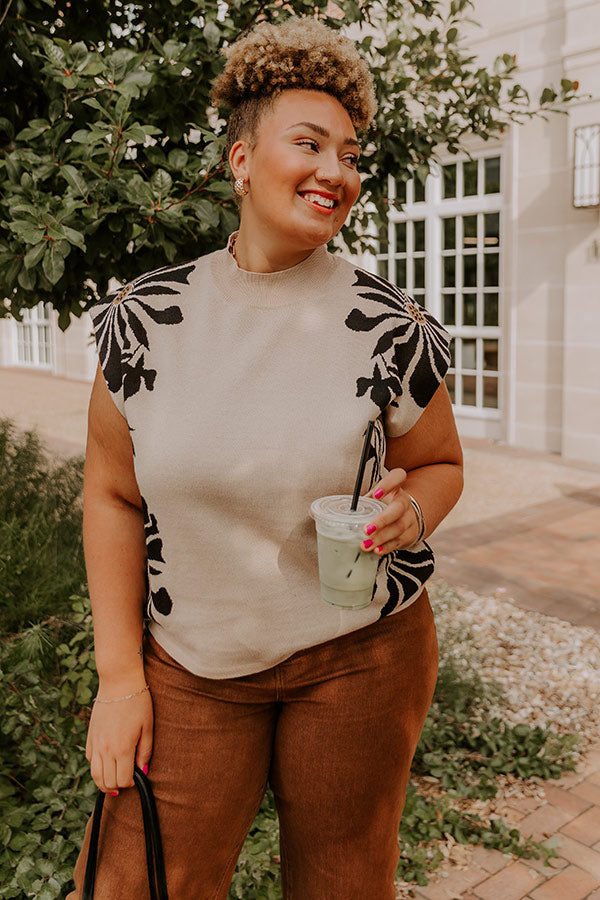 City Bloom Floral Knit Top in Iced Latte Curves