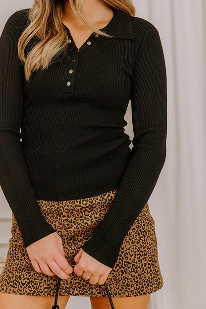 Easy To Style Ribbed Henley Top in Black