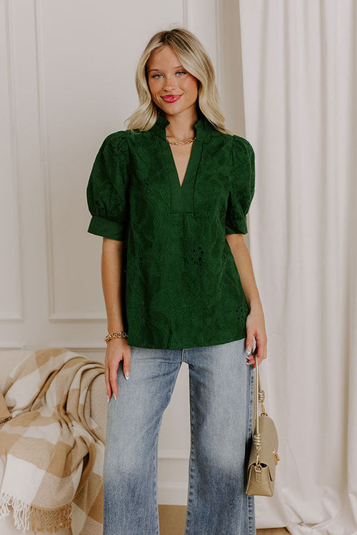 Petals And Pinot Floral Embroidered Top in Hunter Green