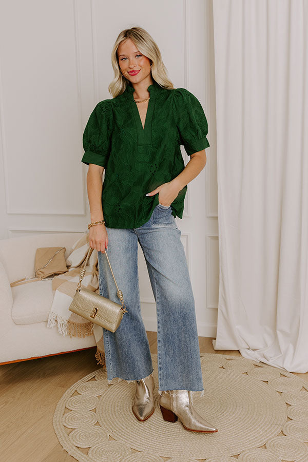 Petals And Pinot Floral Embroidered Top in Hunter Green