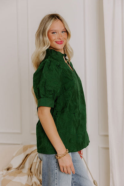 Petals And Pinot Floral Embroidered Top in Hunter Green