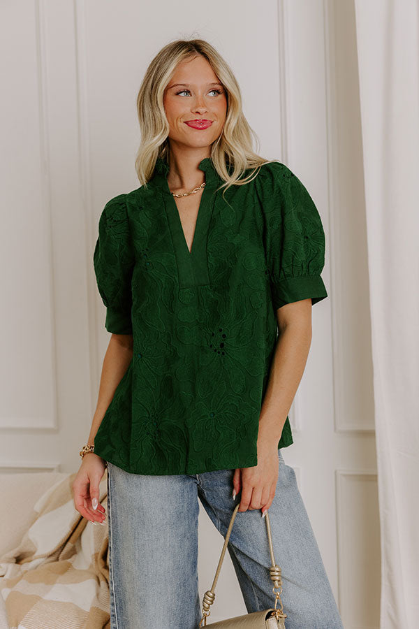 Petals And Pinot Floral Embroidered Top in Hunter Green