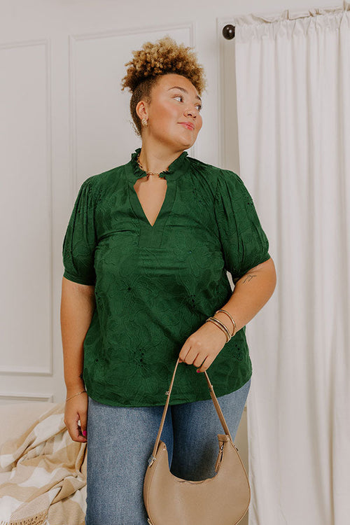 Petals And Pinot Floral Embroidered Top in Hunter Green Curves