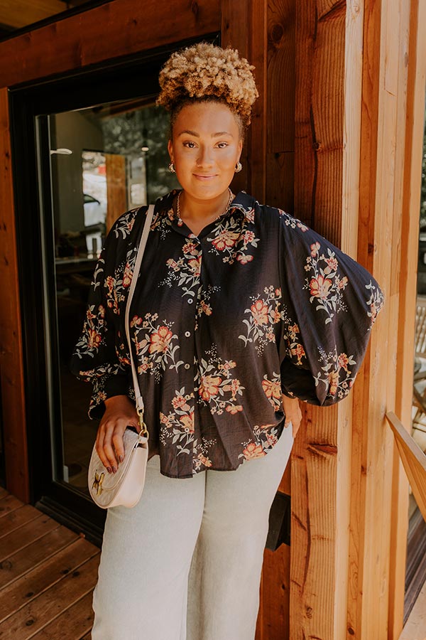 Harvest Bloom Floral Button Up Top in Black Curves