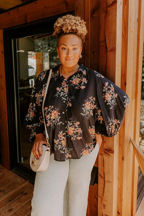 Harvest Bloom Floral Button Up Top in Black Curves