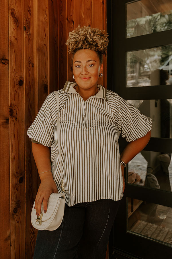 Smiles And Stripes Quarter Zip Top in Sage Curves