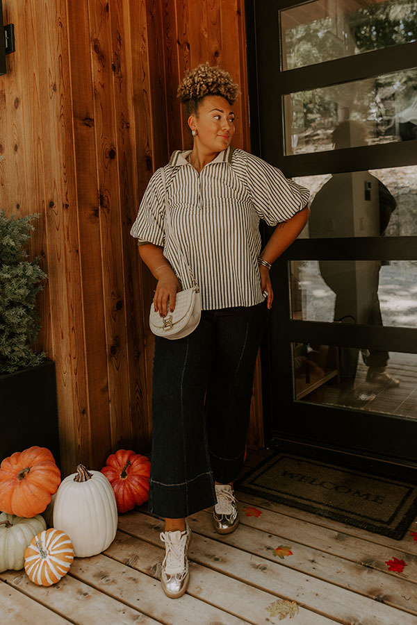 Smiles And Stripes Quarter Zip Top in Sage Curves