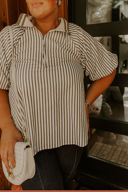 Smiles And Stripes Quarter Zip Top in Sage Curves