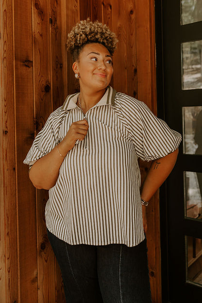 Smiles And Stripes Quarter Zip Top in Sage Curves