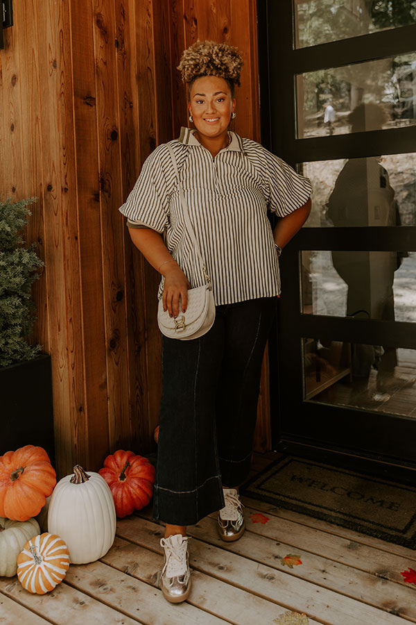Smiles And Stripes Quarter Zip Top in Sage Curves
