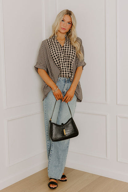 Charming Views Oversized Gingham Top in Warm Taupe