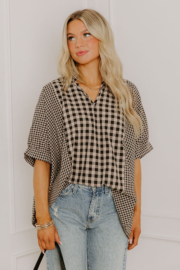 Charming Views Oversized Gingham Top in Warm Taupe