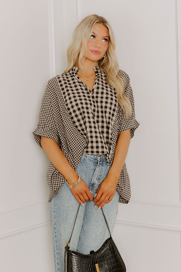 Charming Views Oversized Gingham Top in Warm Taupe