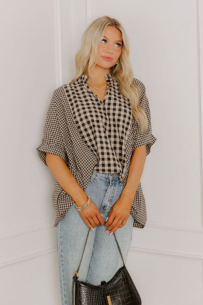 Charming Views Oversized Gingham Top in Warm Taupe