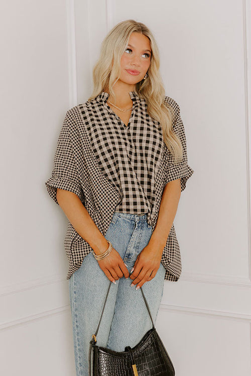 Charming Views Oversized Gingham Top in Warm Taupe