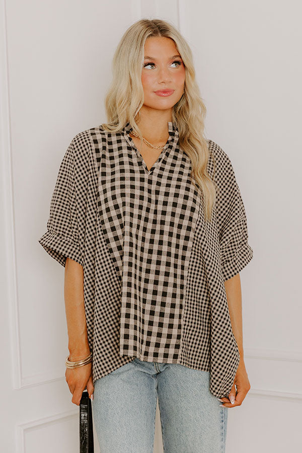 Charming Views Oversized Gingham Top in Warm Taupe