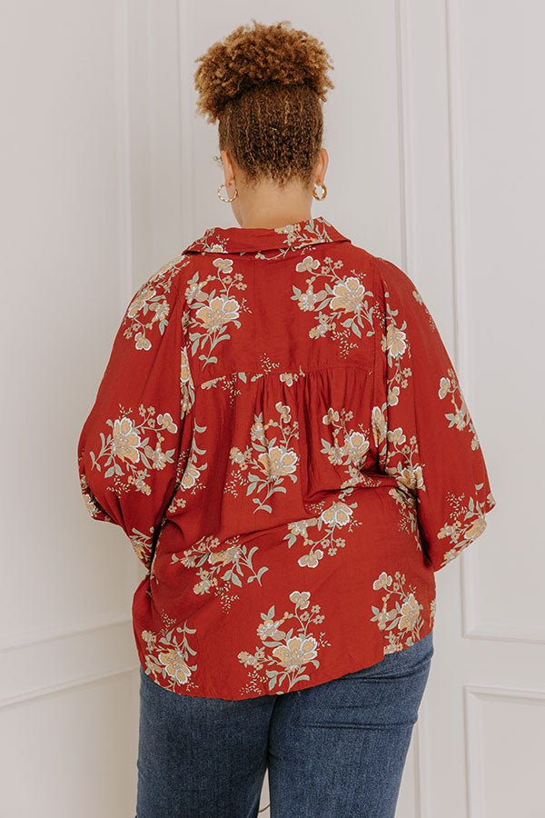 Harvest Bloom Floral Button Up Top in Brick Red Curves
