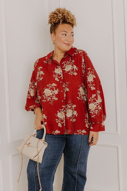 Harvest Bloom Floral Button Up Top in Brick Red Curves