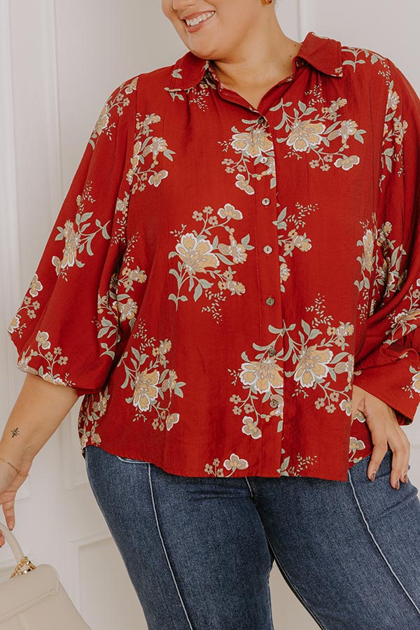Harvest Bloom Floral Button Up Top in Brick Red Curves
