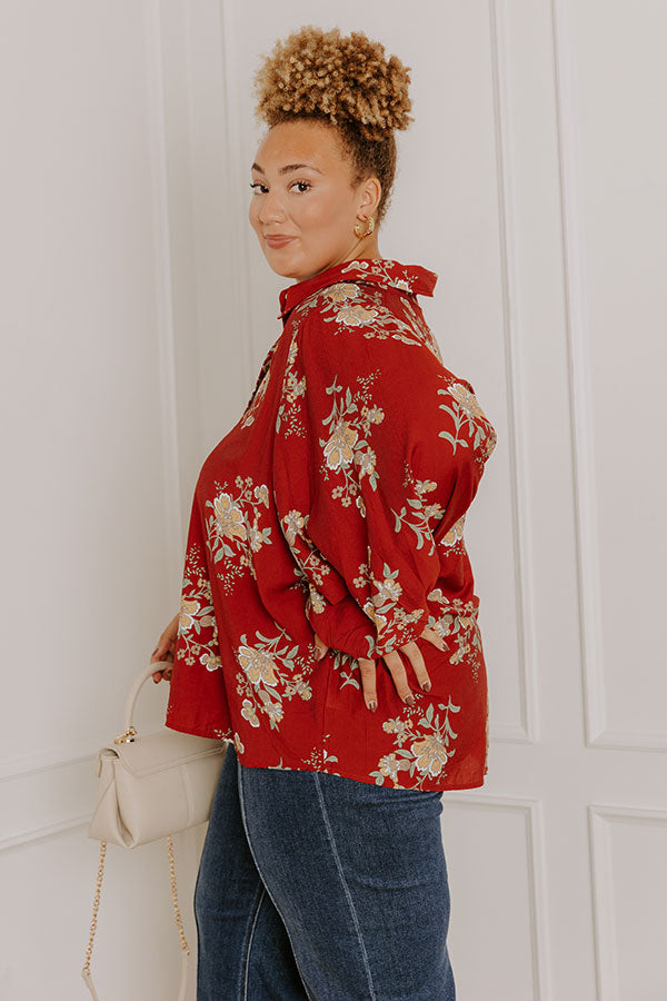 Harvest Bloom Floral Button Up Top in Brick Red Curves