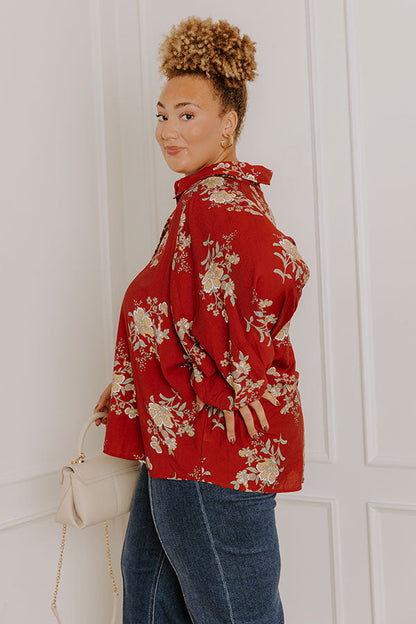 Harvest Bloom Floral Button Up Top in Brick Red Curves
