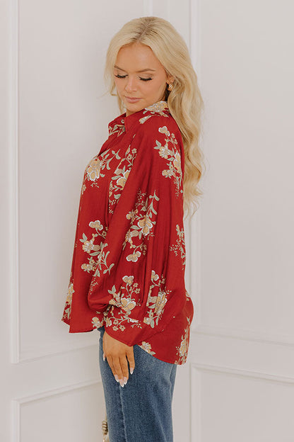 Harvest Bloom Floral Button Up Top in Brick Red
