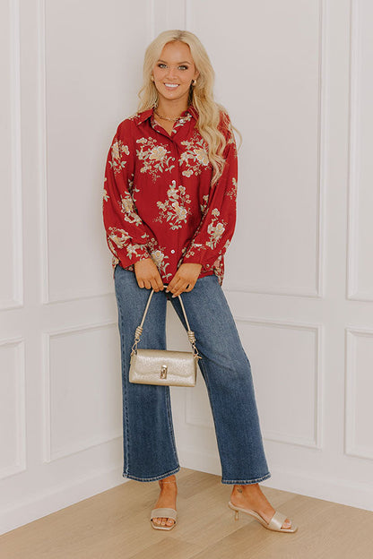 Harvest Bloom Floral Button Up Top in Brick Red