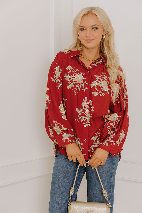 Harvest Bloom Floral Button Up Top in Brick Red