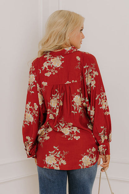 Harvest Bloom Floral Button Up Top in Brick Red