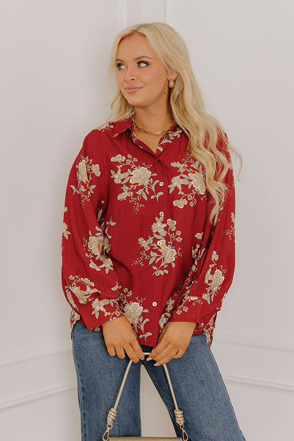 Harvest Bloom Floral Button Up Top in Brick Red