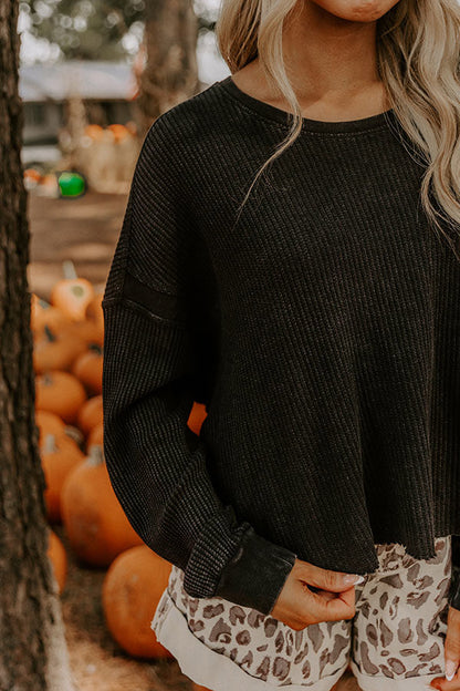 Morning Hike Waffle Knit Top in Black