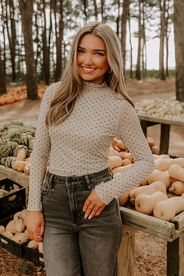 Subtle Shine Embellished Mesh Top in Beige