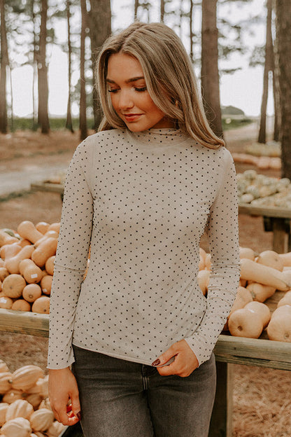 Subtle Shine Embellished Mesh Top in Beige