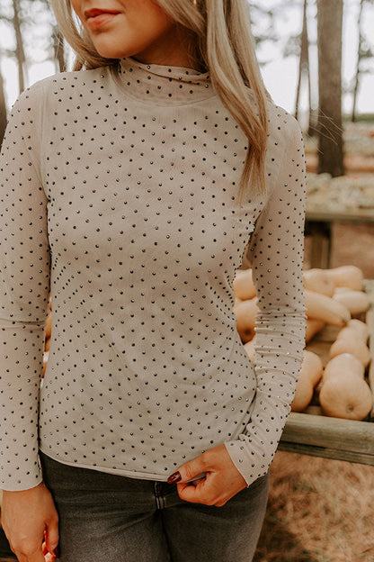 Subtle Shine Embellished Mesh Top in Beige