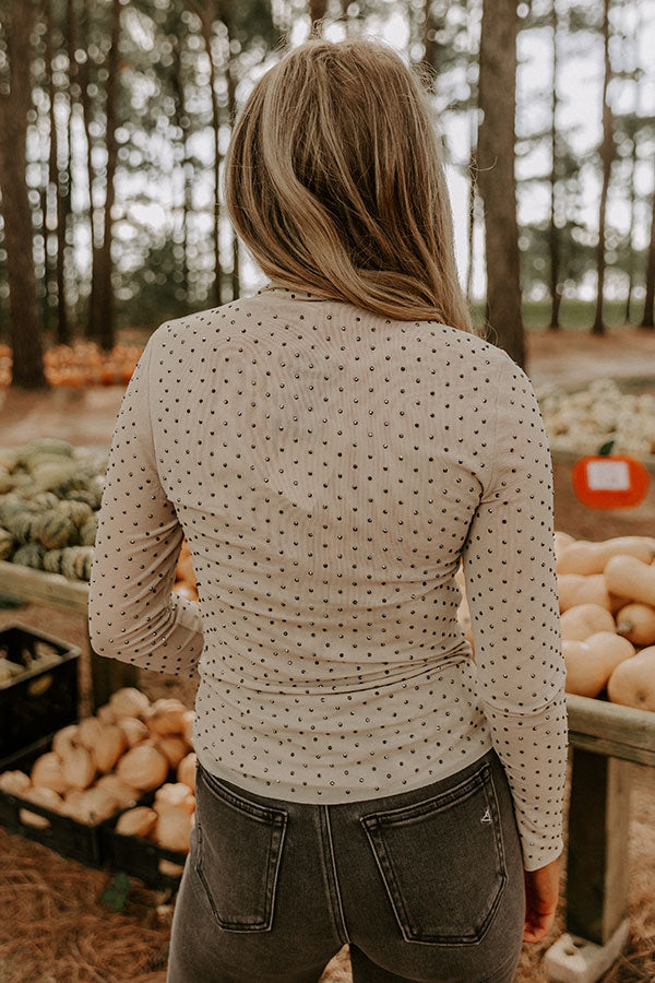 Subtle Shine Embellished Mesh Top in Beige