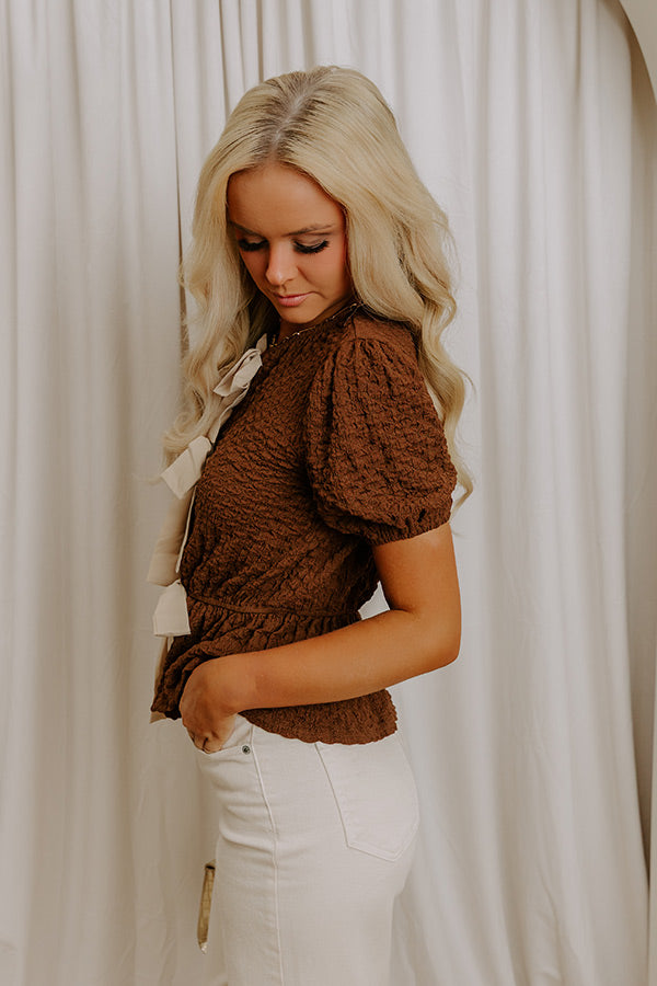 First Class Charm Front Tie Peplum Top in Chocolate