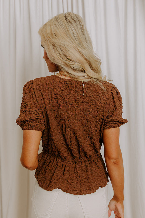 First Class Charm Front Tie Peplum Top in Chocolate