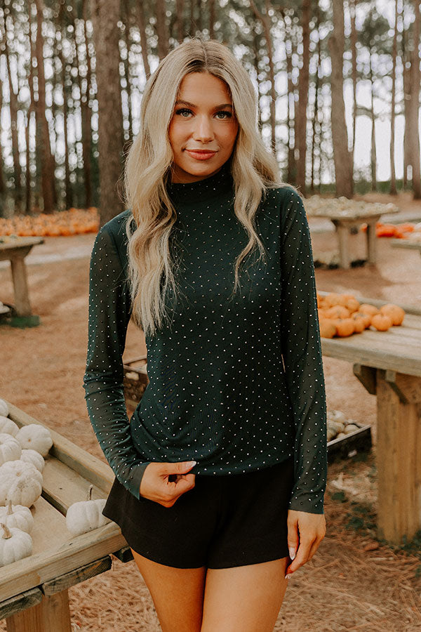 Subtle Shine Embellished Mesh Top in Hunter Green