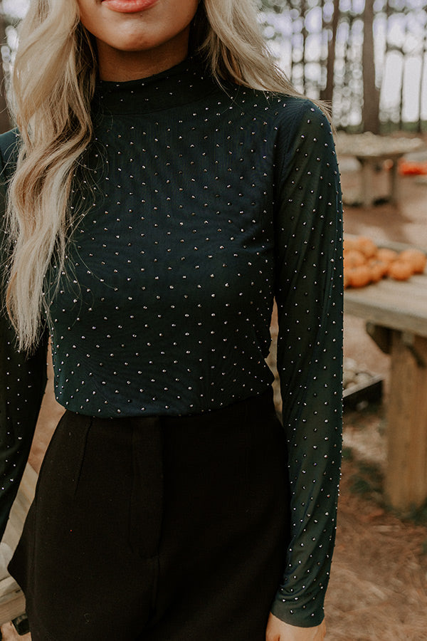 Subtle Shine Embellished Mesh Top in Hunter Green