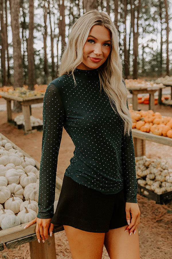 Subtle Shine Embellished Mesh Top in Hunter Green