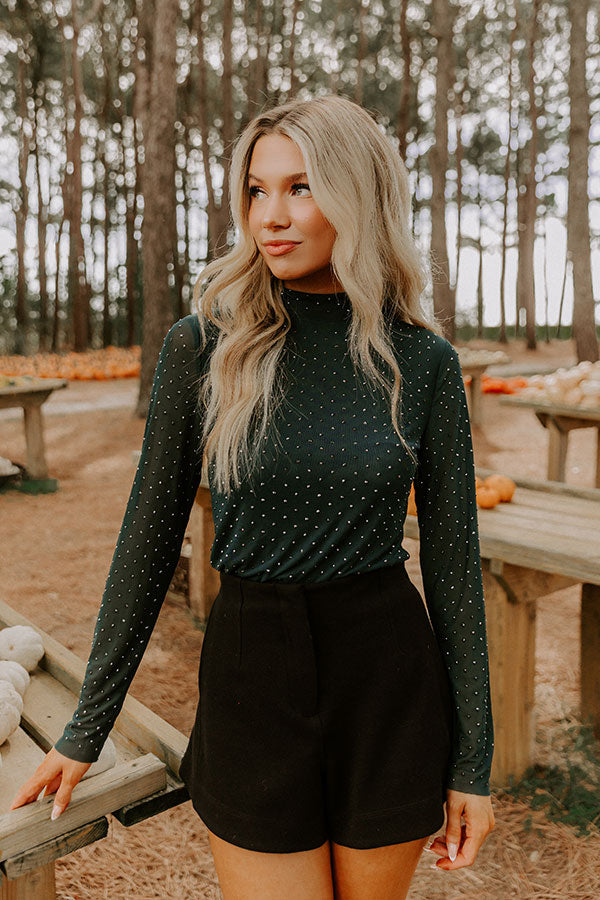 Subtle Shine Embellished Mesh Top in Hunter Green