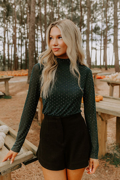 Subtle Shine Embellished Mesh Top in Hunter Green