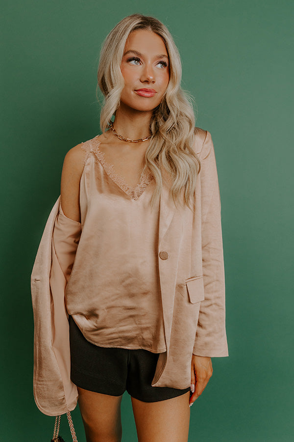Cocktails First Lace Trim Satin Top