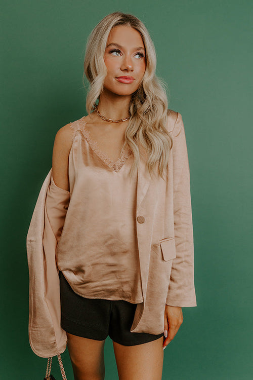 Cocktails First Lace Trim Satin Top