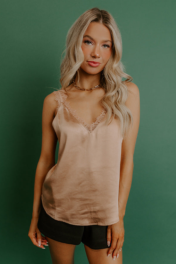 Cocktails First Lace Trim Satin Top