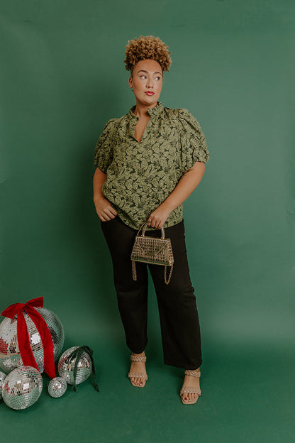 Holiday Party Jacquard Top in Olive Curves
