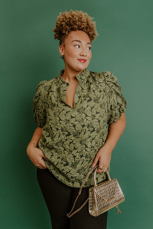 Holiday Party Jacquard Top in Olive Curves