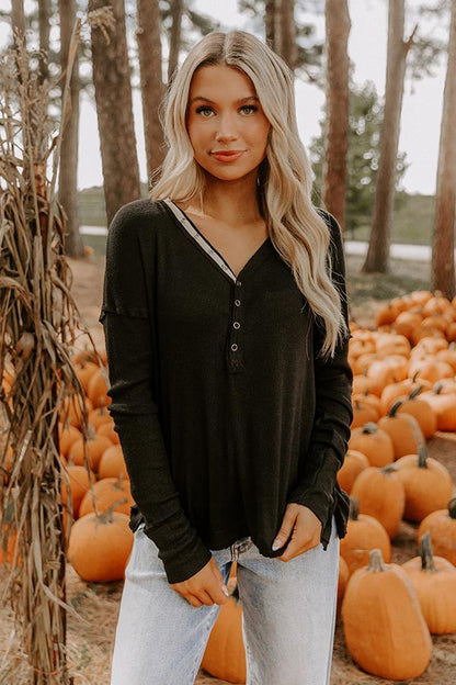 Everyday Ease Knit Henley Top in Black